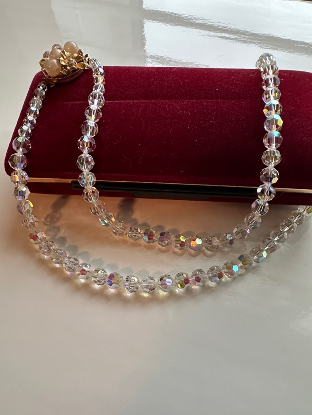 Vintage Crystal Aurora Borealis Beaded Necklace - Clear Iridescent